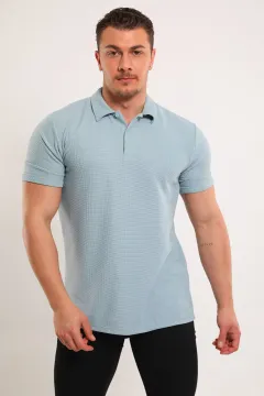Erkek Polo Yaka Kendinden Desenli Likralı T-shirt Mint