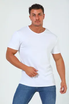 Erkek V Yaka Likralı Basıc T-shirt Beyaz