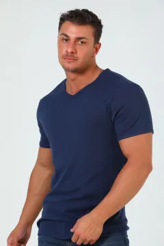 Erkek V Yaka Likralı Basıc T-shirt Lacivert