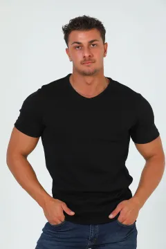 Erkek V Yaka Likralı Basıc T-shirt Siyah