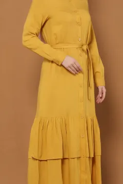 Eteği Fırfırlı Düğmeli Elbise Hardal