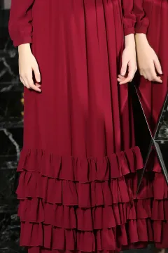 Etek Fırfırlı Hasır Kemerli Şifon Elbise Bordo
