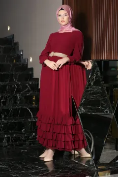Etek Fırfırlı Hasır Kemerli Şifon Elbise Bordo