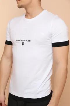 Etek Kol Garnili Baskılı Erkek T-shirt Beyaz