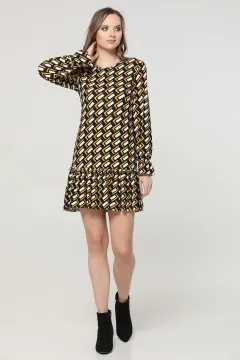 Etek Ucu Kol Fırfırlı Desenli Elbise Hardal