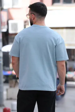 Etiket Baskılı Dikiş Detaylı Erkek Salaş Tişört Mint