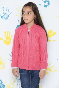 Fermuarlı Kız Çocuk Triko Hırka Fuşya