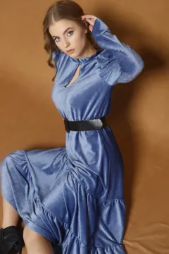 Fırfırlı Omuz Büzgülü Kadife Elbise İndigo