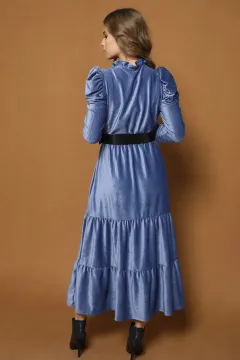 Fırfırlı Omuz Büzgülü Kadife Elbise İndigo