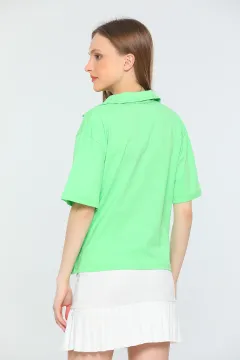 Kadın Likralı Polo Yaka Salaş Bluz Fıstık Yeşili