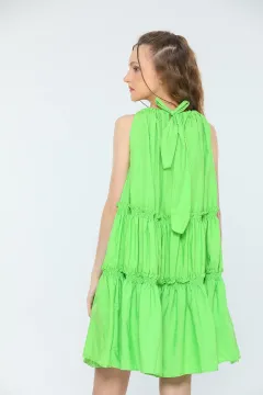 Kadın Sıfır Kol Boyundan Ayarlanabilir Bağlamalı Yazlık Salaş Elbise Fıstık yeşili