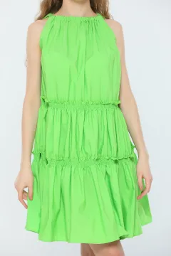 Kadın Sıfır Kol Boyundan Ayarlanabilir Bağlamalı Yazlık Salaş Elbise Fıstık yeşili