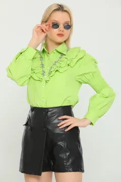Kadın Yakası Taşlı Fırfırlı Gömlek Fıstık Yeşili