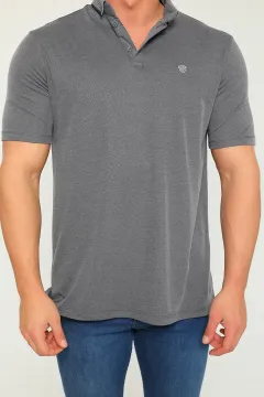 Erkek Likralı Polo Yaka Büyük Beden T-shirt Füme