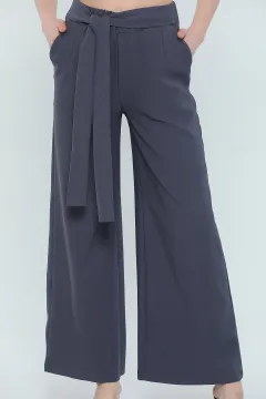 Kadın Ekstra Yüksek Bel Kendinden Kuşaklı Bol Paça Pantolon Füme