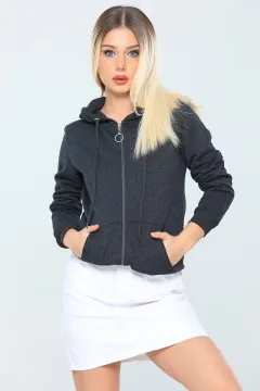 Kadın Kapüşonlu Fermuarlı Slim Fit Basic Sweatshirt Füme