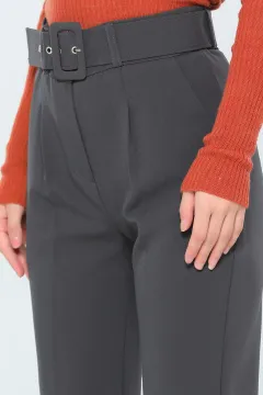 Kadın Yüksek Bel Kemerli Bilek Boy Kumaş Pantolon Füme