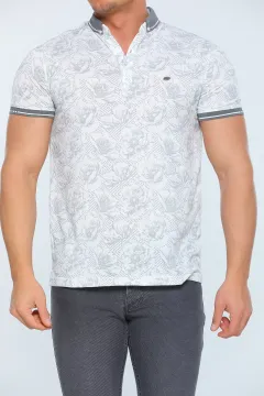 Erkek Likralı Polo Yaka Kol Lastikli Desenli T-shirt Fümekrem