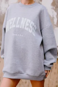 Kadın Oversize Bisklet Yaka Şardonlu Sweatshirt Gri