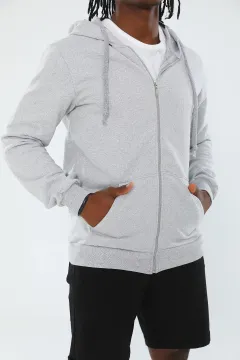 Erkek Kapüşonlu Fermuarlı Basic Sweatshirt Gri