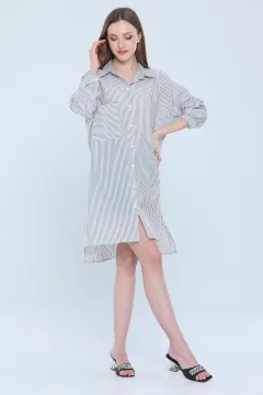 Kadın Oversize Çizgili Gömlek Tunik Gri
