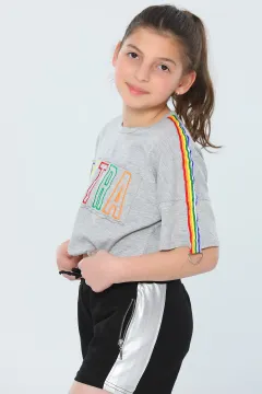 Kız Çocuk Likralı Bisiklet Yaka Bel Detaylı T-shirt Gri