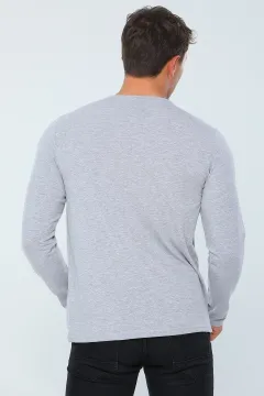 Erkek Likralı V Yaka Uzun Kollu Basic Body Sweatshirt Gri