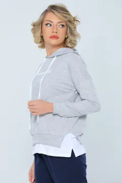 Kadın Kapüşonlu Basklı Eteği Parçalı Kumaş Sweatshirt Gri