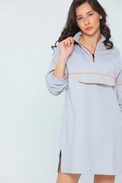Kadın Oversıze Fermuarlı Yan Yırtmaçlı Şeritlı Uzun Sweatshirt Griorange