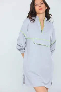 Kadın Oversıze Fermuarlı Yan Yırtmaçlı Şeritlı Uzun Sweatshirt Griyeşil