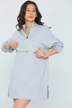 Kadın Oversıze Fermuarlı Yan Yırtmaçlı Şeritlı Uzun Sweatshirt Griyeşil