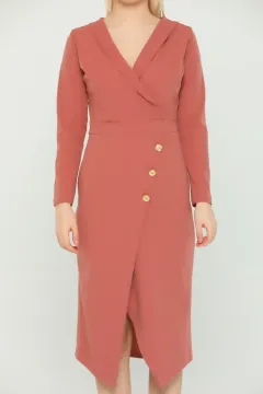 Kadın Likralı Anvelop Yaka Yırtmaçlı Elbise Gülkurusu