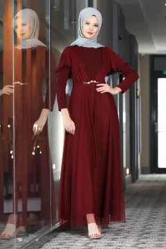 Güpür Detaylı Eteği Tül Abiye Elbise Bordo