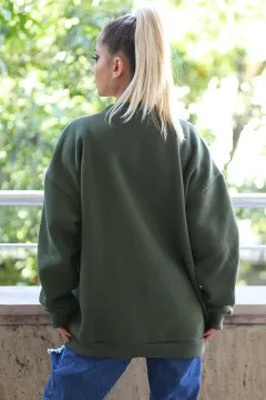 Kadın Oversize Bisklet Yaka Şardonlu Sweatshirt Haki