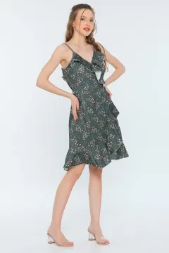 Kadın Likralı Askılı Kruvaze Yaka Desenli Anvelop Mini Elbise Haki