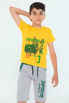 Erkek Çocuk Likralı Bisiklet Yaka Baskılı T-shirt Hardal
