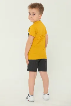 Erkek Çocuk Bisiklet Yaka Baskılı T-shirt Şort İkili Takım Hardal