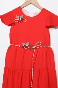 Hasır İp Kuşaklı Çiçek Motifli Astarlı Ve Fırfırlı Kız Çocuk Elbise Kırmızı