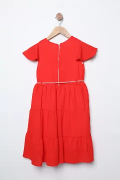 Hasır İp Kuşaklı Çiçek Motifli Astarlı Ve Fırfırlı Kız Çocuk Elbise Kırmızı