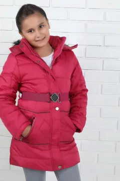 Içi Polar Kapşonlu Kız Çocuk Mont Fuşya