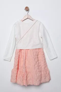İnci Ve Taş İşlemeli Çiçek Motifli Kız Çocuk Elbise Hırka Çanta Üçlü Takım Somon