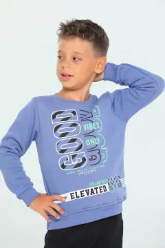 Erkek Çocuk Likralı Baskılı Sweatshirt İndigo