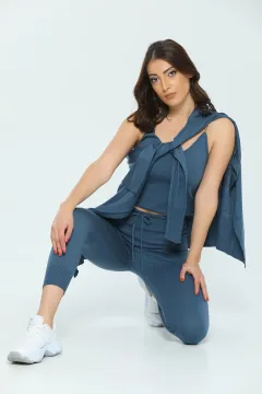 Kadın Likralı Pantolon Hırka Bluz Kombinli Üçlü Triko Takım İndigo