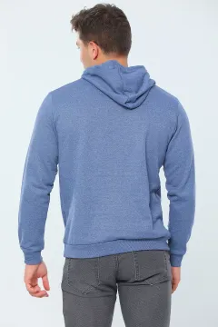 Erkek Kapüşonlu Kanguru Cepli Basic Sweatshirt İndigo