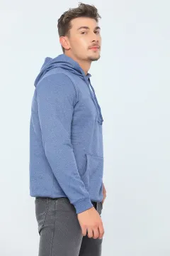 Erkek Kapüşonlu Kanguru Cepli Basic Sweatshirt İndigo