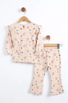 İspanyol Paça Fırfırlı Kız Çocuk Desenli Pantolon Bluz İkili Takım Bej