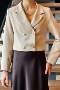 Kadın 4 Düğmeli Astarlı Crop Top Blazer Ceket Bej