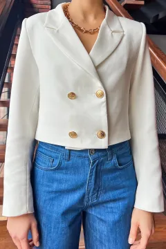 Kadın 4 Düğmeli Astarlı Crop Top Blazer Ceket Krem