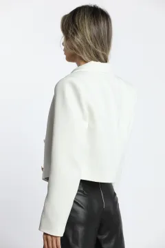 Kadın 4 Düğmeli Astarlı Crop Top Blazer Ceket Krem