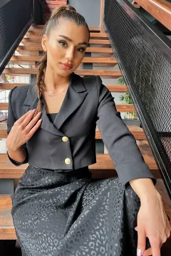 Kadın 4 Düğmeli Astarlı Crop Top Blazer Ceket Siyah